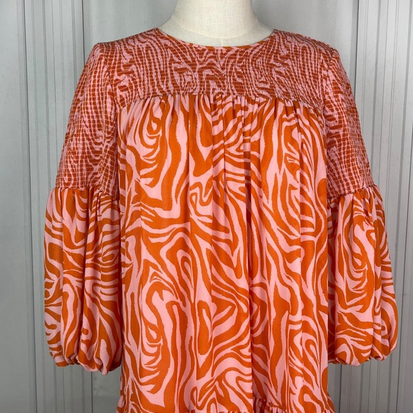 Cinq a Sept-Rika Mini Dress-Billow Sleeve/Animal Print -‎ Pink/Orange-Size 6 - Picture 4 of 16